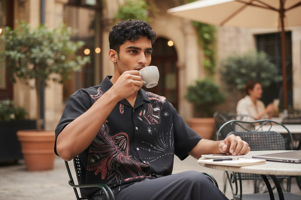 Oversized Popcorn Shirt – Black Stardust Print | 100% Pure Cotton, Textured, Breathable Comfort