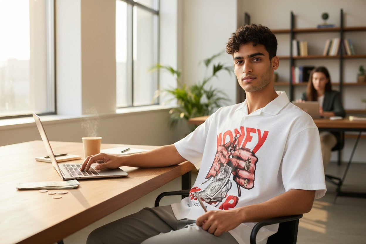 Oversized Popcorn Shirt – Red Money Print | 100% Pure Cotton, Textured, Breathable Comfort