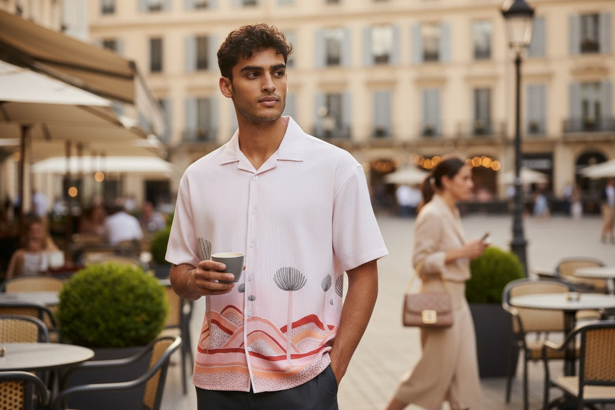 Oversized Popcorn Shirt – White Lotus Print | 100% Pure Cotton, Textured, Breathable Comfort