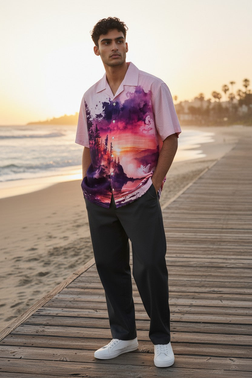 Oversized Popcorn Shirt – White Sunset Print | 100% Pure Cotton, Textured, Breathable Comfort