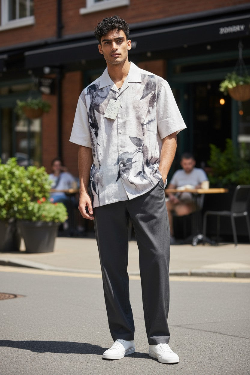 Oversized Popcorn Shirt – Dark Green Leaves Print | 100% Pure Cotton, Textured, Breathable Comfort