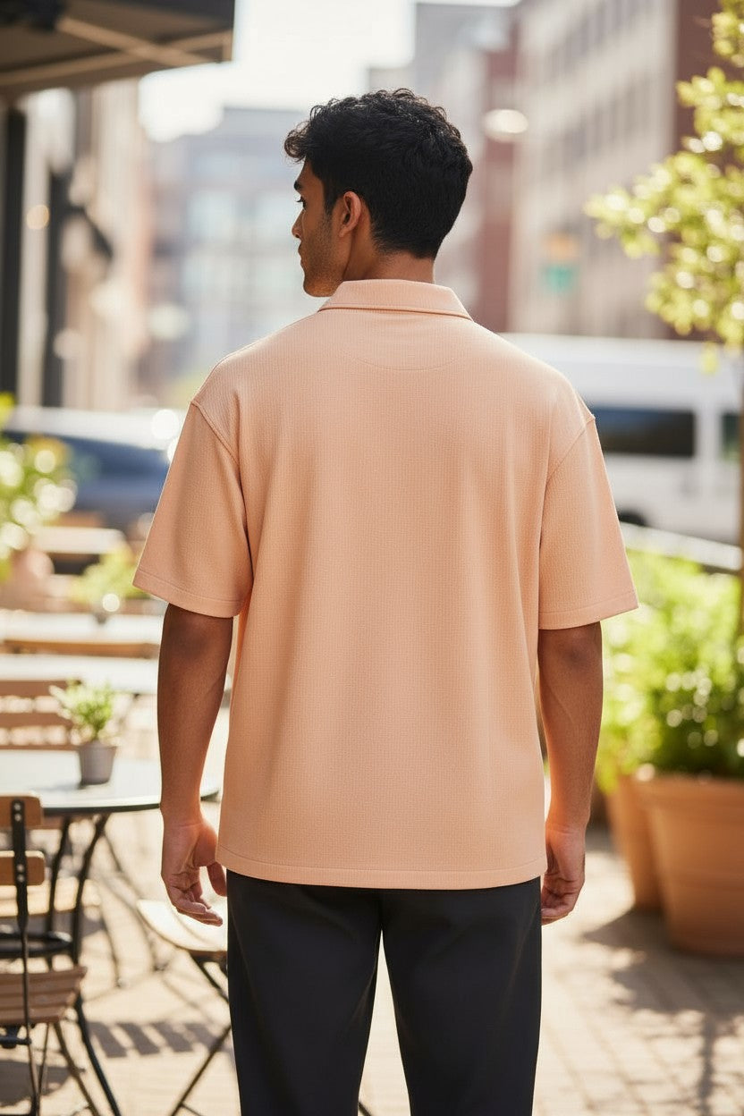 Oversized Popcorn Shirt – Orange Abstract Print | 100% Pure Cotton, Textured, Breathable Comfort