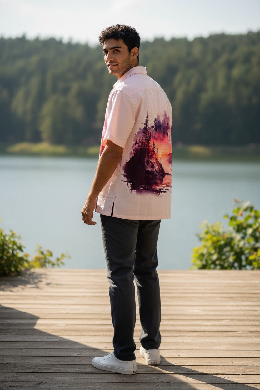 Oversized Popcorn Shirt – White Sunset Print | 100% Pure Cotton, Textured, Breathable Comfort