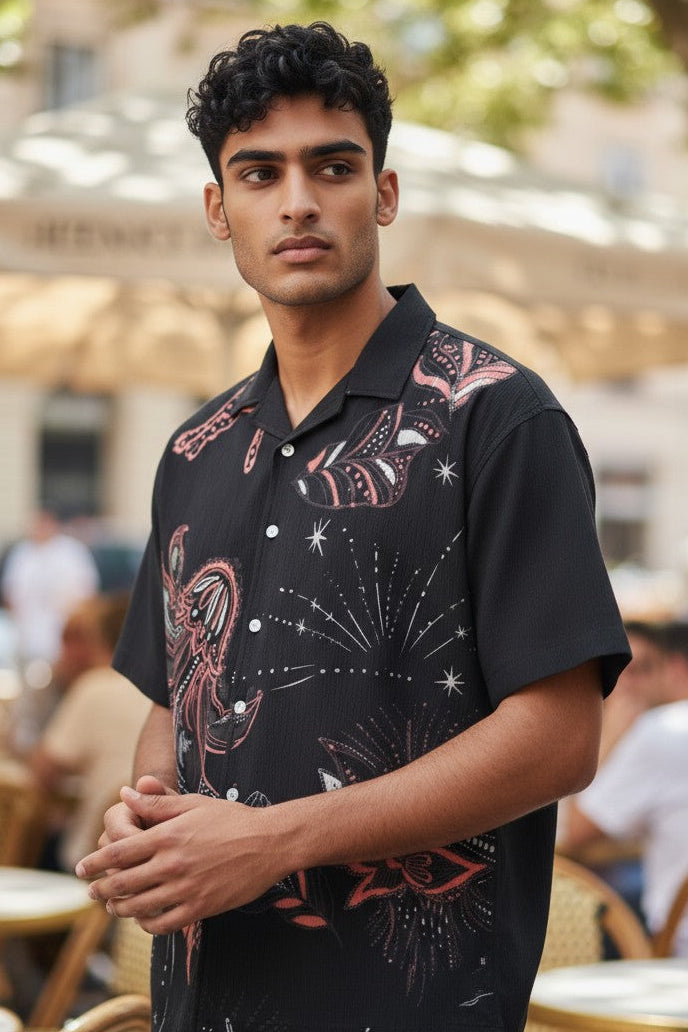 Oversized Popcorn Shirt – Black Stardust Print | 100% Pure Cotton, Textured, Breathable Comfort