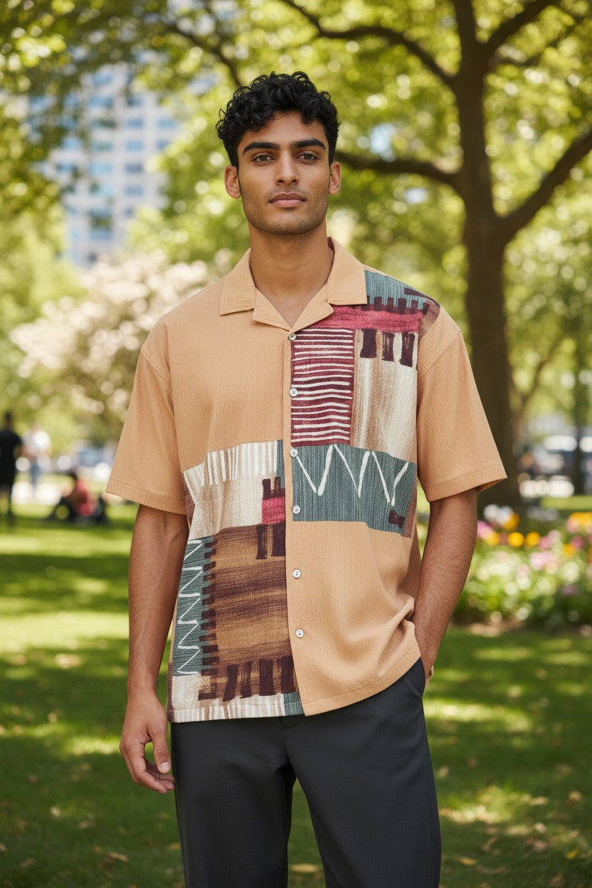 Oversized Popcorn Shirt – Orange Abstract Print | 100% Pure Cotton, Textured, Breathable Comfort