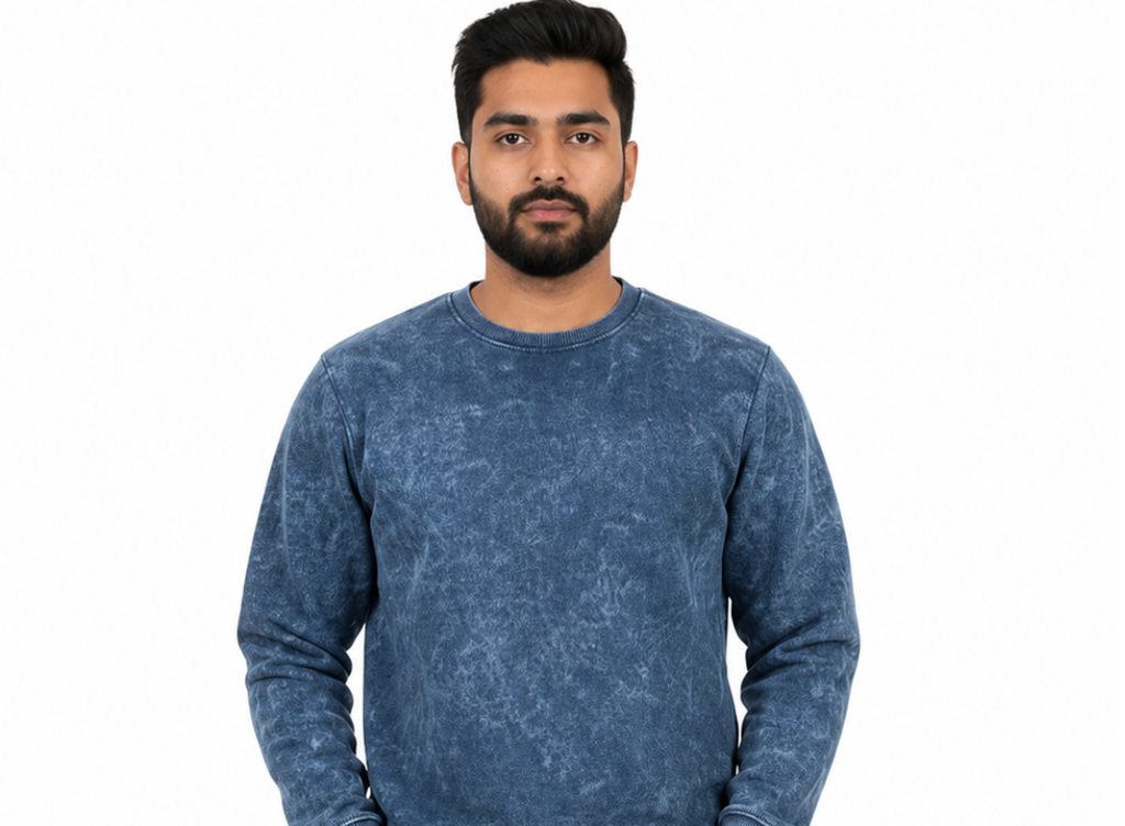 Men's Premium 330 GSM Acid Wash Crew Neck Sweatshirt – Blue