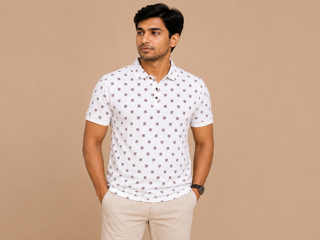 VersaVara Men's Premium White Printed Polo T-Shirt | Soft Cotton Casual Wear