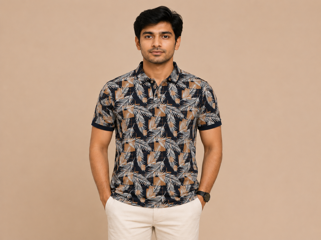 VersaVara Men's Premium Tropical Leaf Print Polo T-Shirt | Soft Cotton Casual Wear