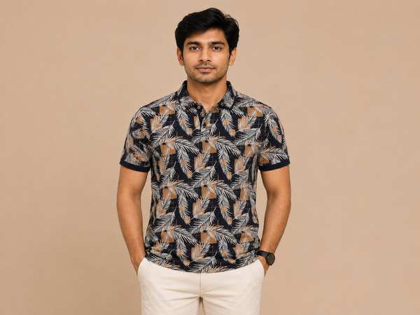 VersaVara Men's Premium Tropical Leaf Print Polo T-Shirt | Soft Cotton Casual Wear