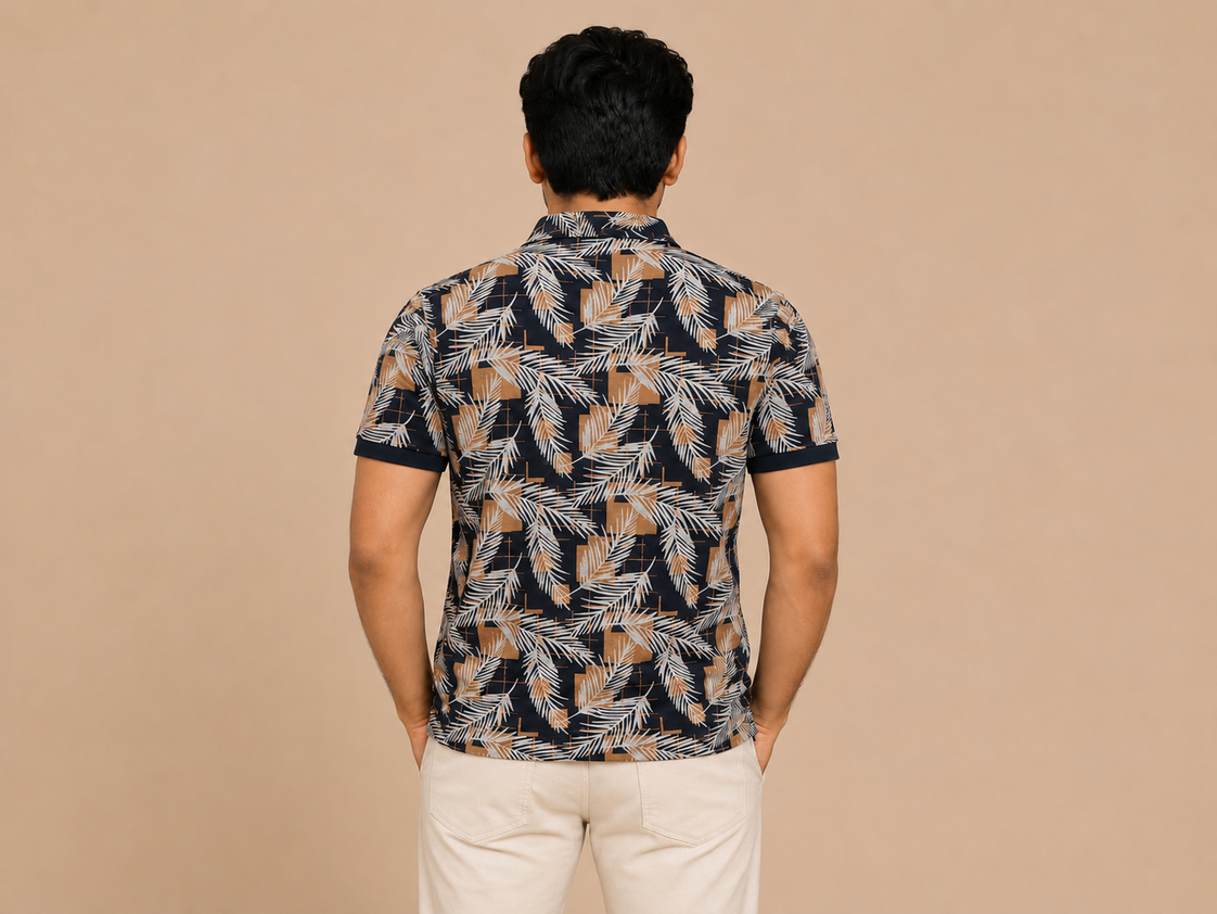 VersaVara Men's Premium Tropical Leaf Print Polo T-Shirt | Soft Cotton Casual Wear