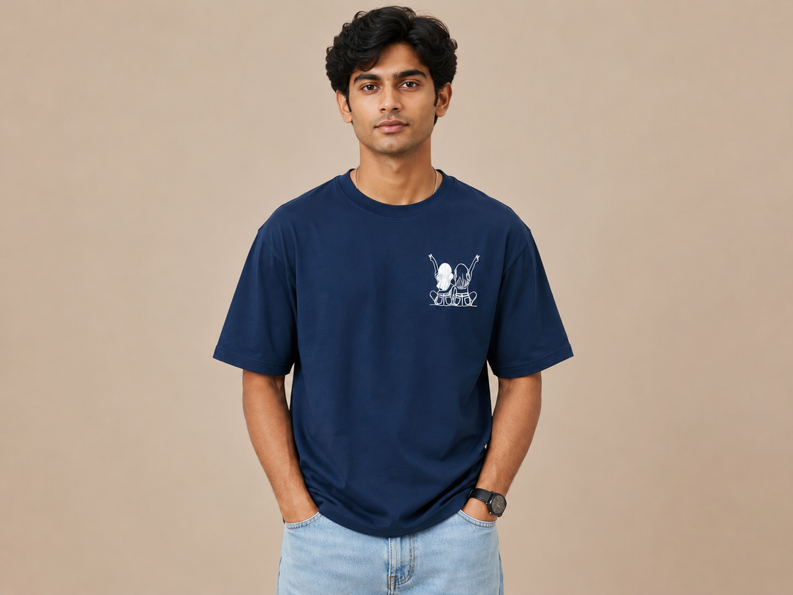 VersaVara Premium Oversized Graphic T-Shirt for Men | 240 GSM Heavyweight Cotton | Navy Blue