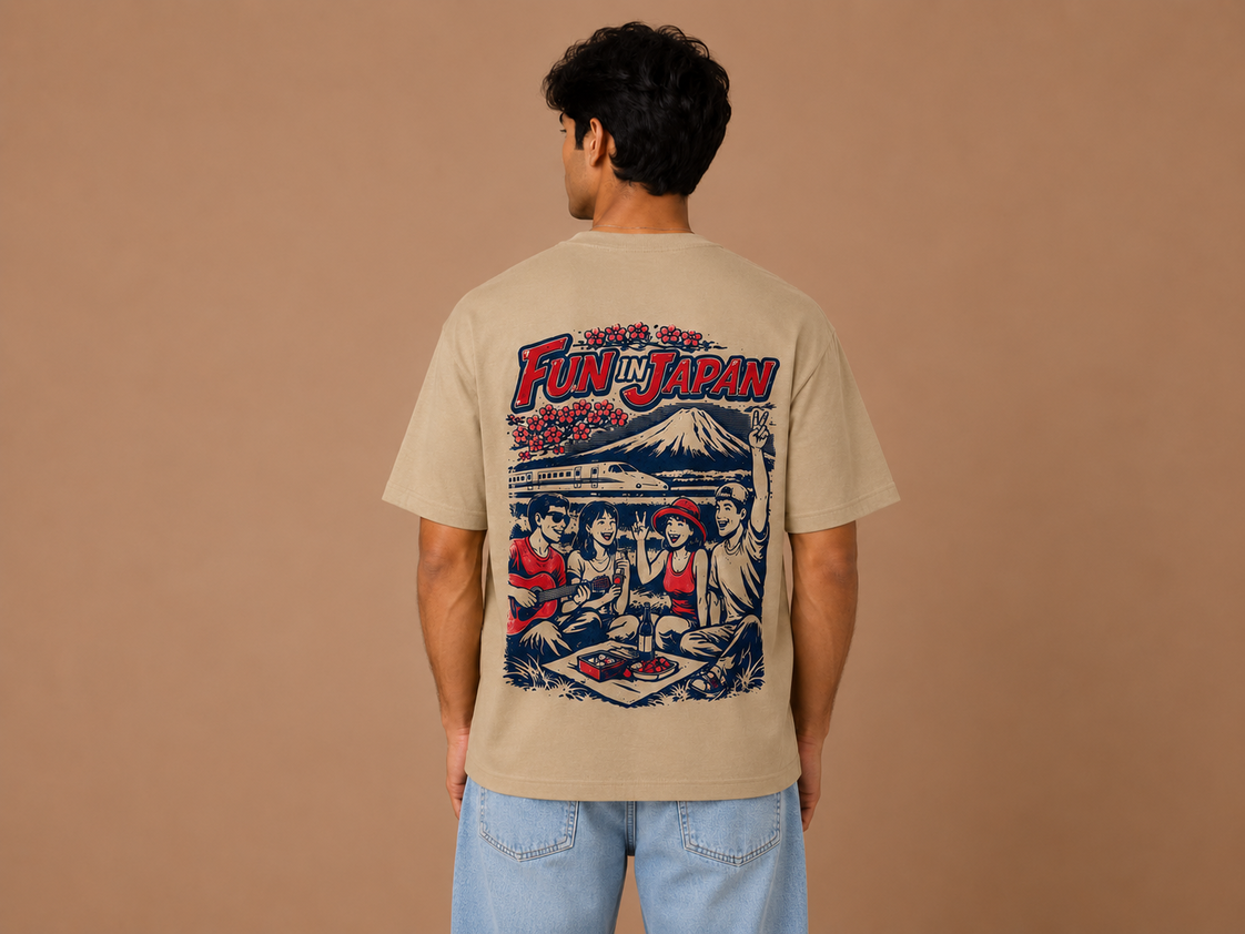 Fun in Japan Oversized Graphic T-Shirt for Men | 240 GSM Premium Cotton | Beige