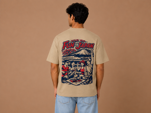 Fun in Japan Oversized Graphic T-Shirt for Men | 240 GSM Premium Cotton | Beige