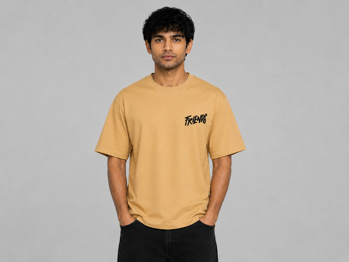 Friends Anime Oversized T-Shirt for Men | Premium 240 GSM Cotton | Back Graphic Print | Beige