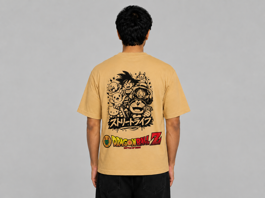 Friends Anime Oversized T-Shirt for Men | Premium 240 GSM Cotton | Back Graphic Print | Beige
