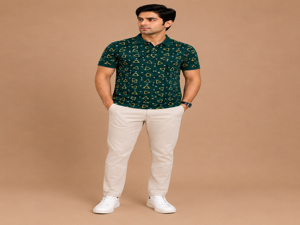 VersaVara Men's Dark Green Geometric Printed Polo T-Shirt | Premium Cotton | Regular Fit