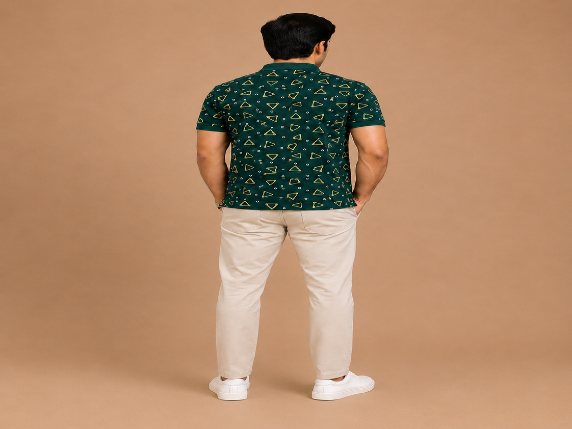 VersaVara Men's Dark Green Geometric Printed Polo T-Shirt | Premium Cotton | Regular Fit