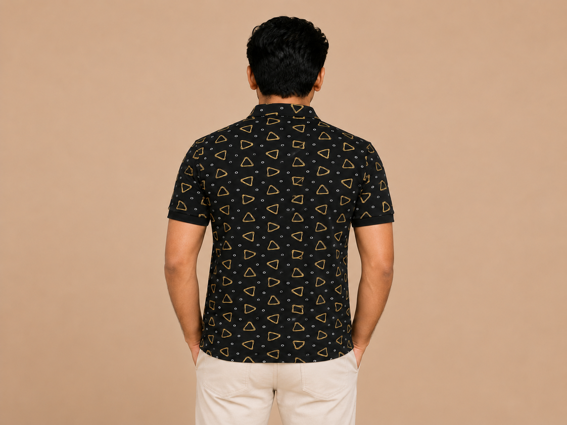 VersaVara Men's Premium Black Geometric Printed Polo T-Shirt | Soft Cotton | Regular Fit | Half Sleeves