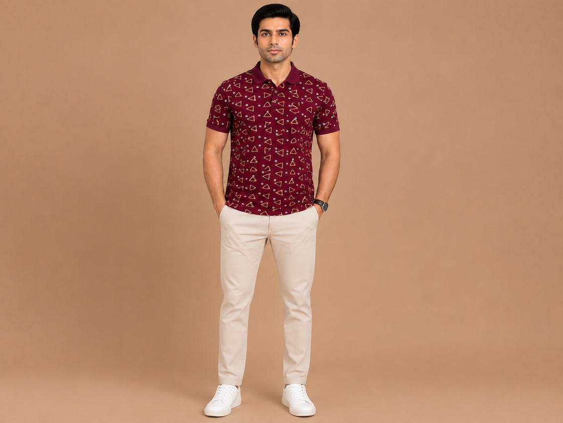 VersaVara Men's Premium Maroon Geometric Printed Polo T-Shirt | Soft Cotton | Regular Fit | Half Sleeve