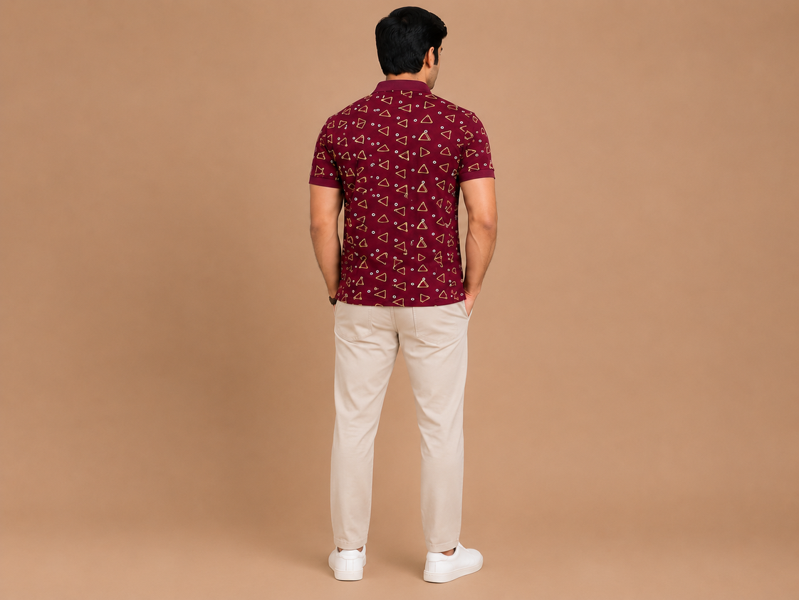 VersaVara Men's Premium Maroon Geometric Printed Polo T-Shirt | Soft Cotton | Regular Fit | Half Sleeve