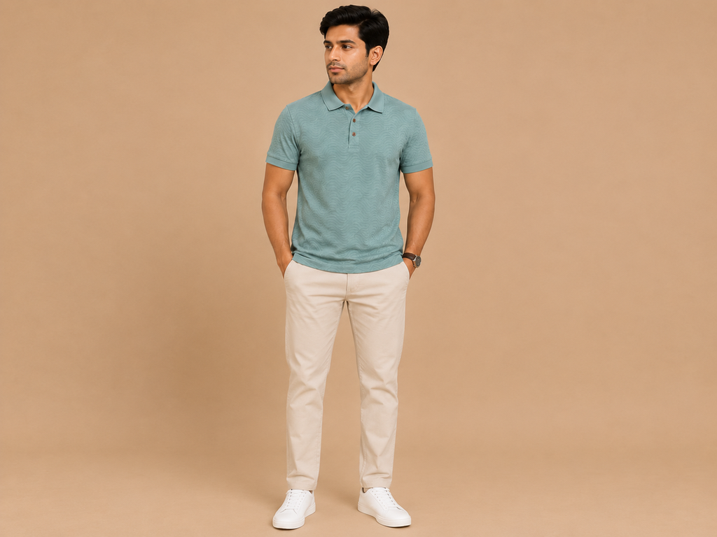 VersaVara Premium Textured Polo T-Shirt for Men | Regular Fit | Soft Cotton Blend | Sage Green