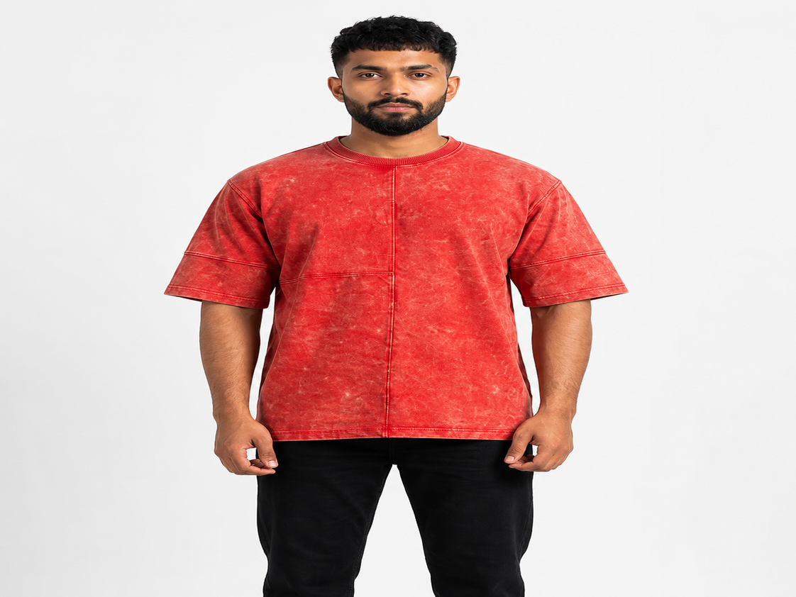 Men's 240 GSM Acid Wash Oversized T-Shirt | Heavyweight Premium Cotton | Vintage Red | Relaxed Fit
