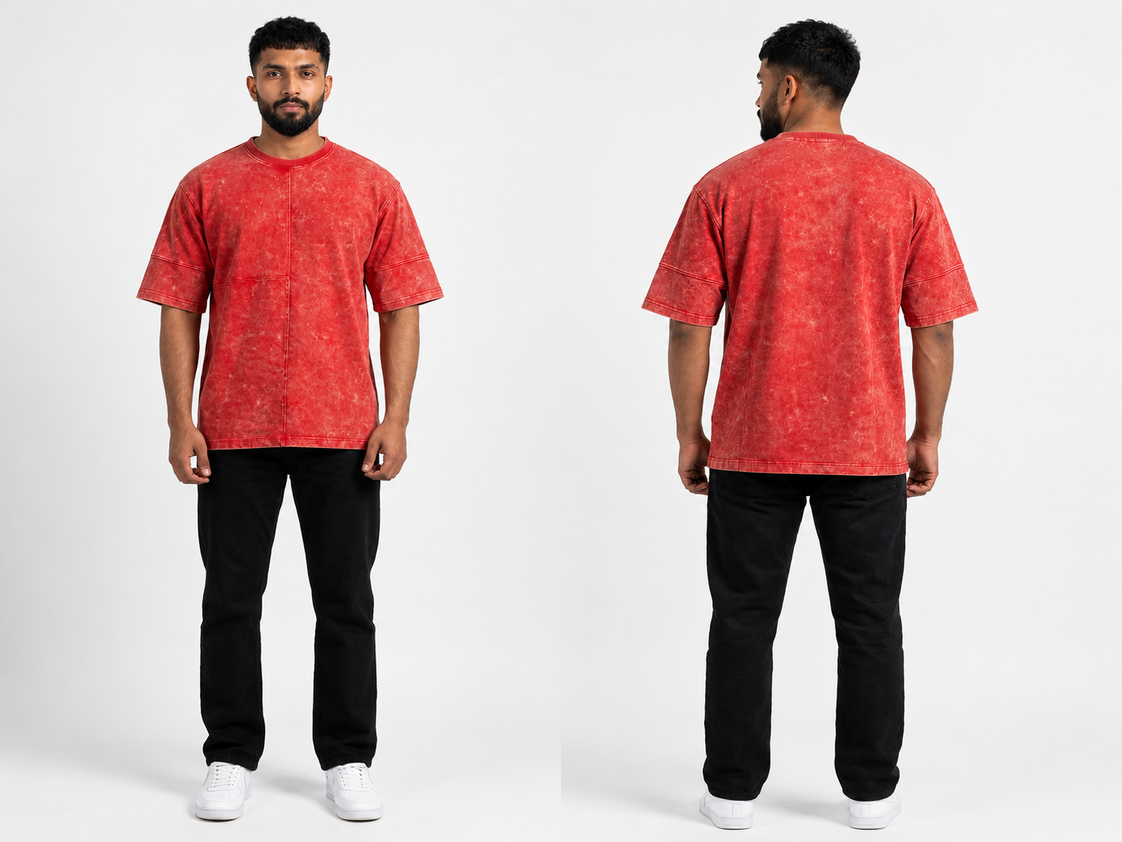 Men's 240 GSM Acid Wash Oversized T-Shirt | Heavyweight Premium Cotton | Vintage Red | Relaxed Fit