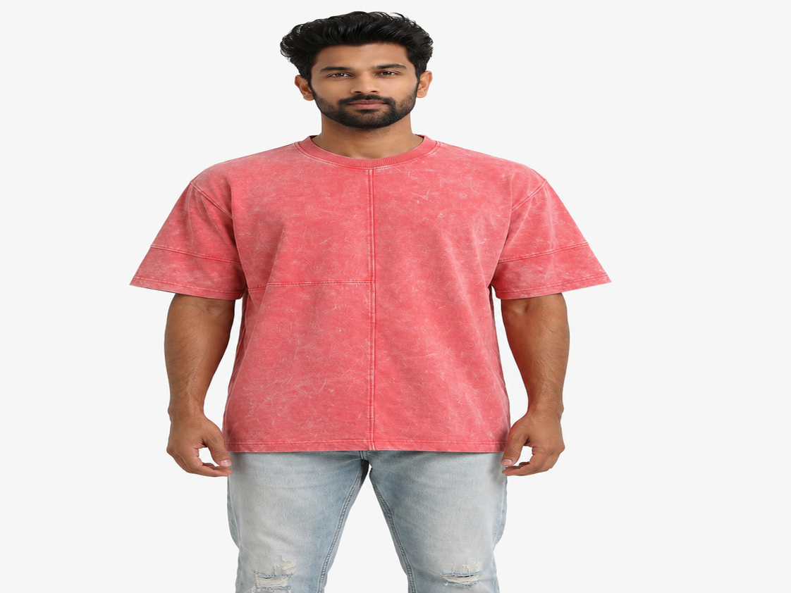 240 GSM Acid Wash Oversized T-Shirt for Men | Premium Heavyweight Cotton | Coral Pink