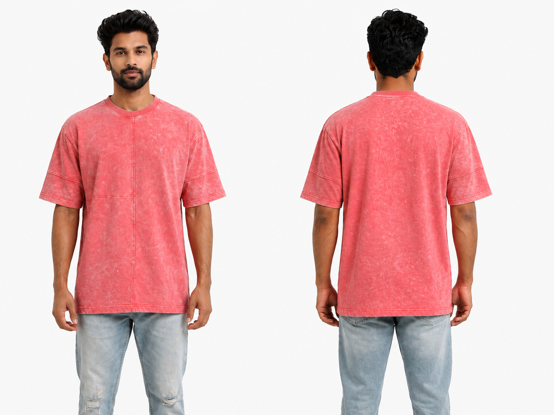 240 GSM Acid Wash Oversized T-Shirt for Men | Premium Heavyweight Cotton | Coral Pink