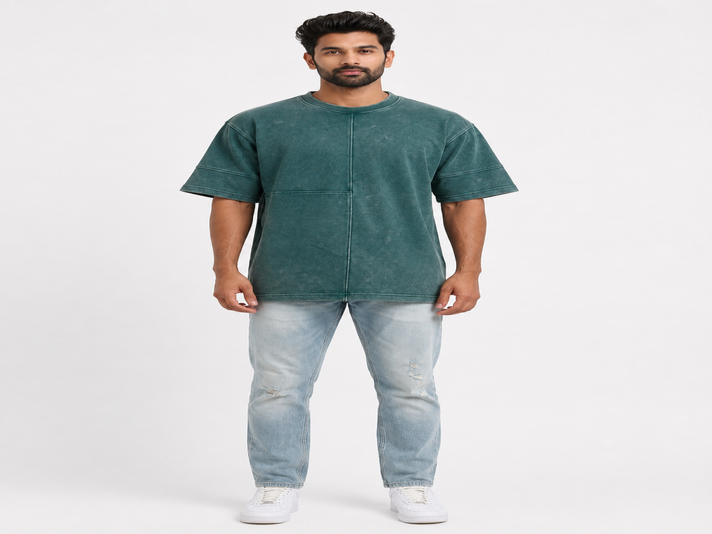 Men's 240 GSM Premium Acid Wash Oversized Cotton T-Shirt – Dark Green