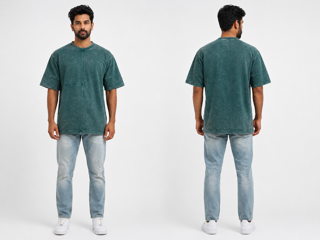 Men's 240 GSM Premium Acid Wash Oversized Cotton T-Shirt – Dark Green