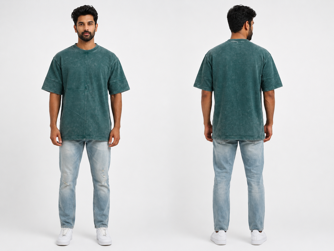 Men's 240 GSM Premium Acid Wash Oversized Cotton T-Shirt – Dark Green