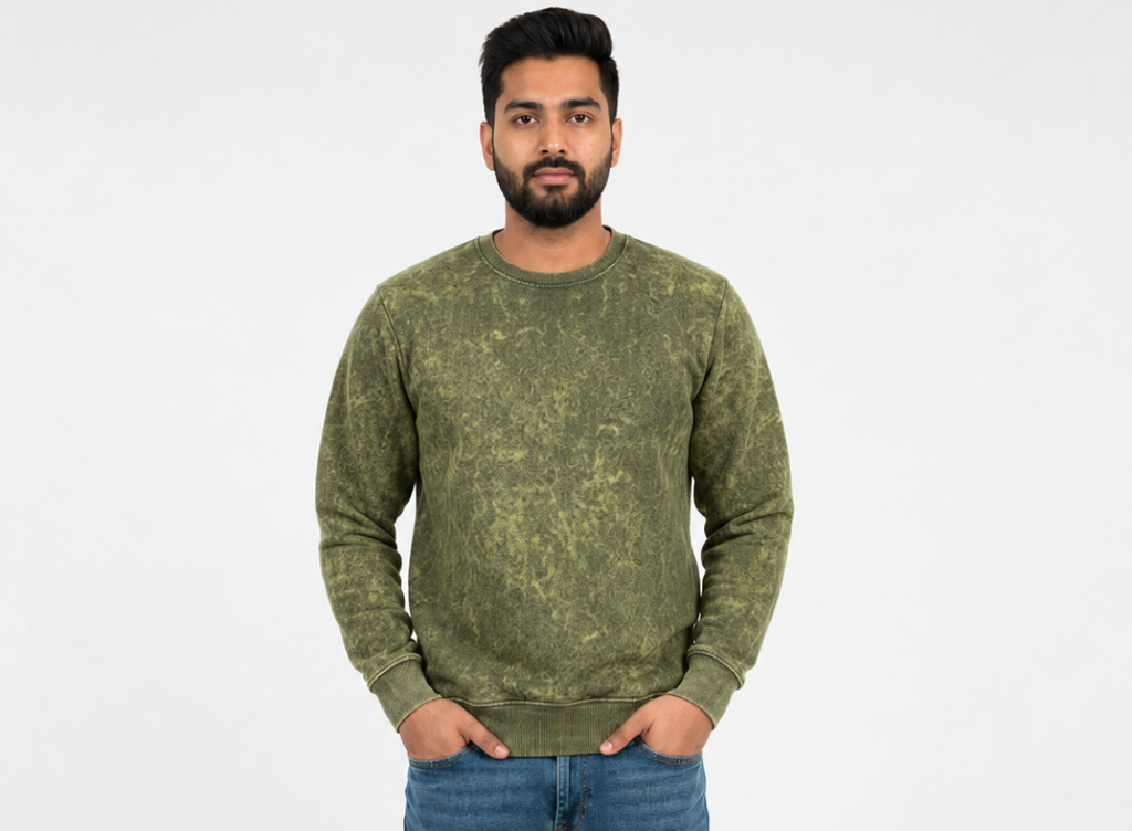 Men's Olive Acid Wash Oversized Sweatshirt | 330 GSM Premium Cotton Fleece