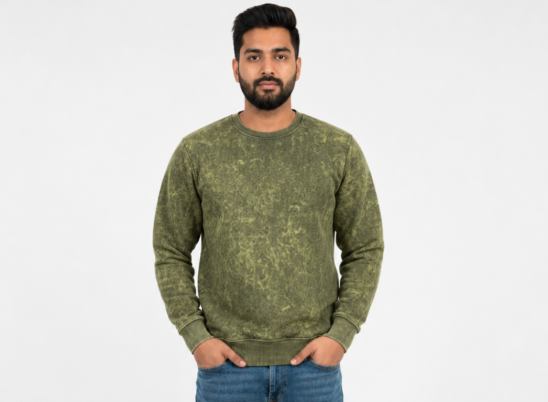 Men's Olive Acid Wash Oversized Sweatshirt | 330 GSM Premium Cotton Fleece