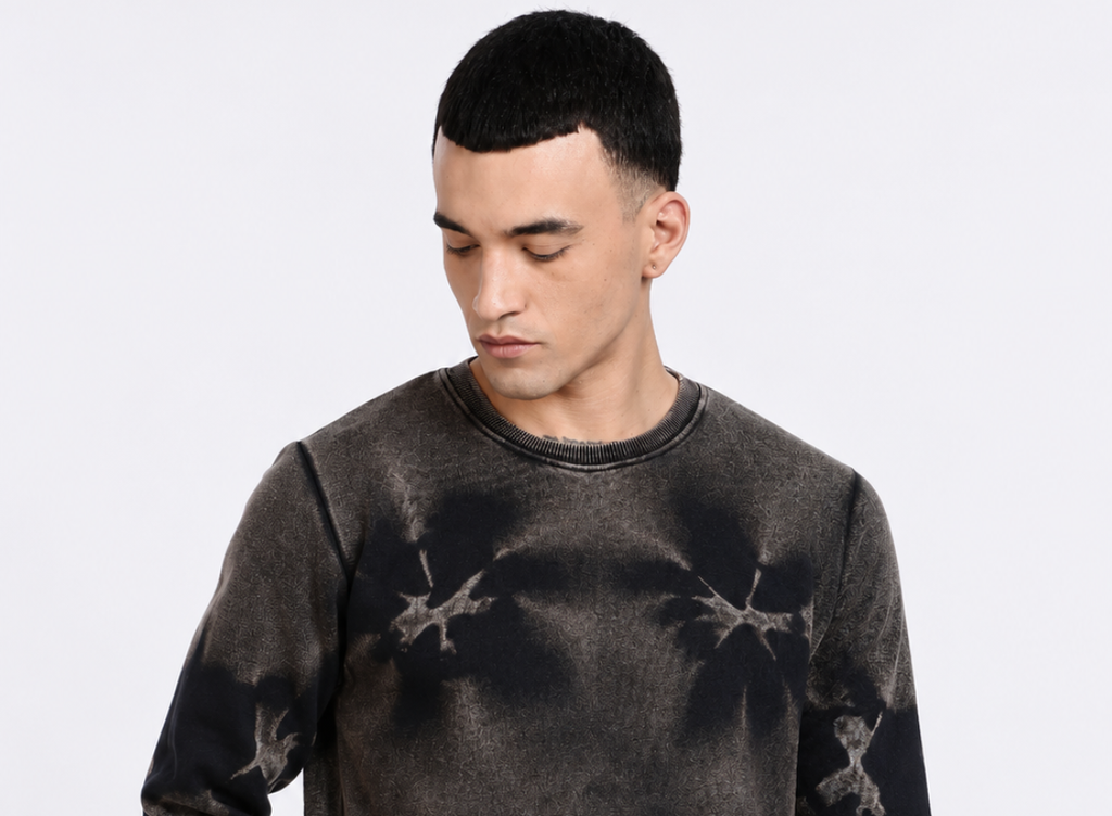 Men's 330 GSM Acid Wash Oversized Sweatshirt – Premium Heavyweight Cotton Terry | Black Tie-Dye Crew Neck