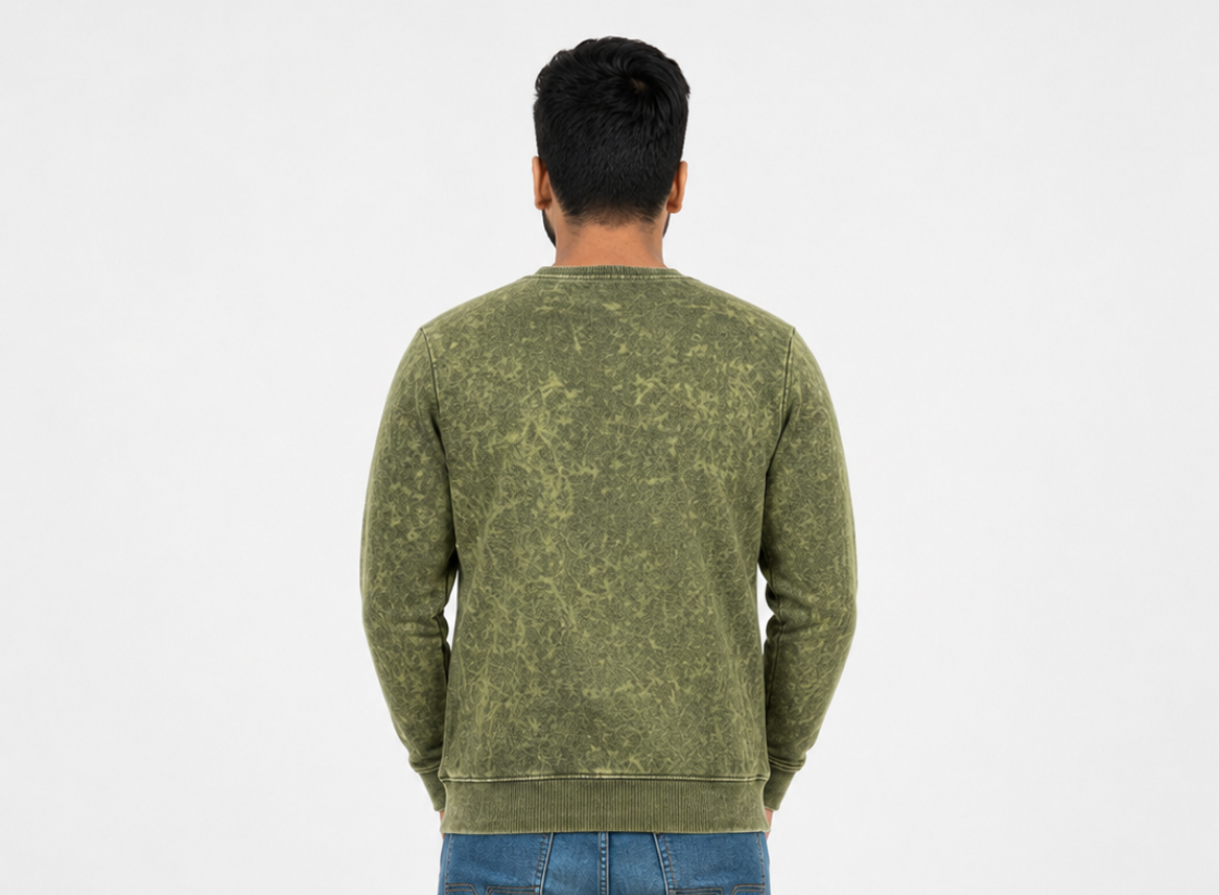 Men's Olive Acid Wash Oversized Sweatshirt | 330 GSM Premium Cotton Fleece