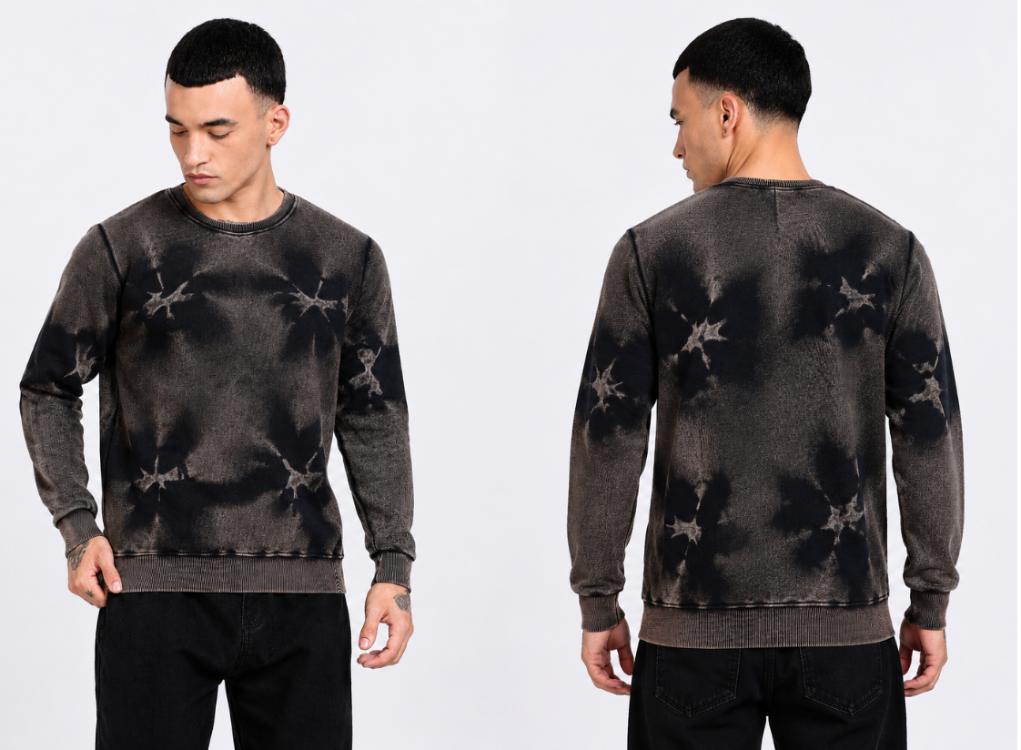 Men's 330 GSM Acid Wash Oversized Sweatshirt – Premium Heavyweight Cotton Terry | Black Tie-Dye Crew Neck