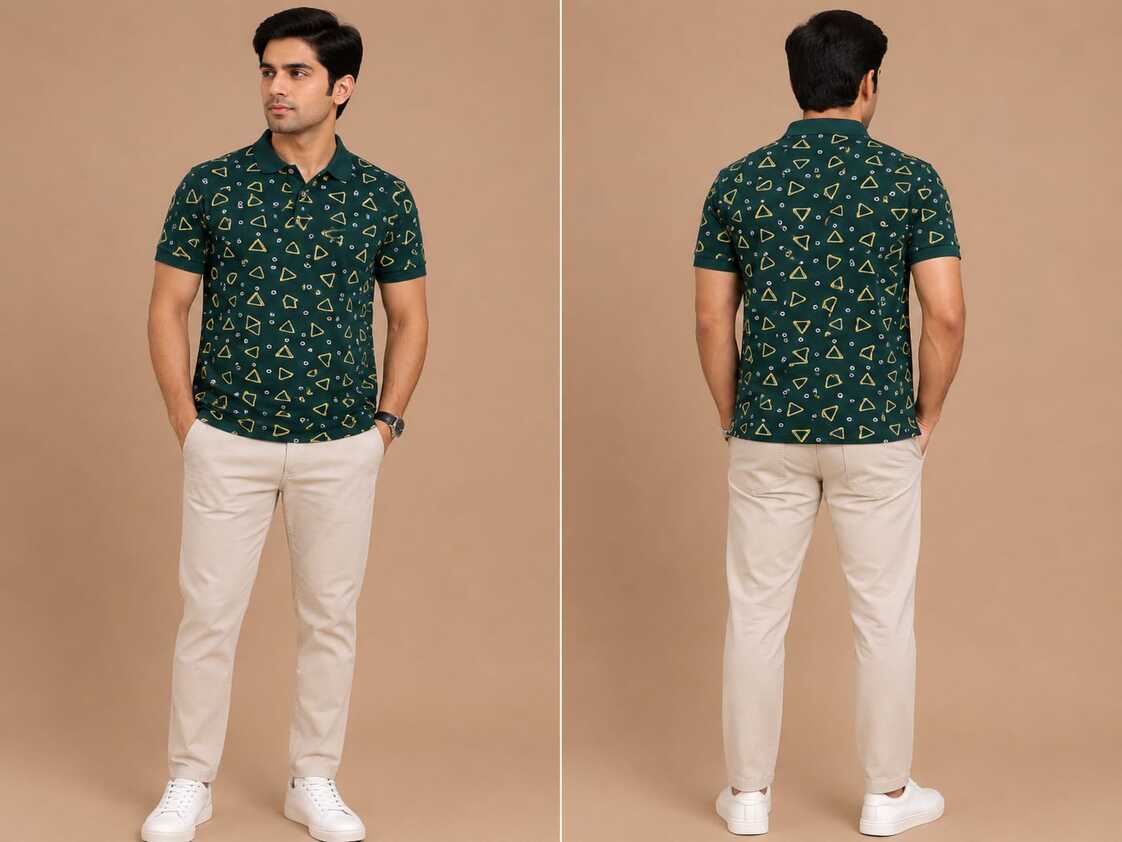 VersaVara Men's Dark Green Geometric Printed Polo T-Shirt | Premium Cotton | Regular Fit