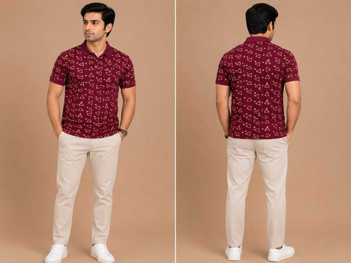 VersaVara Men's Premium Maroon Geometric Printed Polo T-Shirt | Soft Cotton | Regular Fit | Half Sleeve