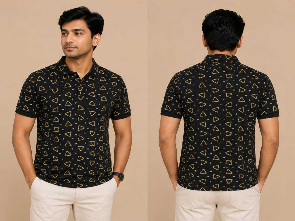 VersaVara Men's Premium Black Geometric Printed Polo T-Shirt | Soft Cotton | Regular Fit | Half Sleeves