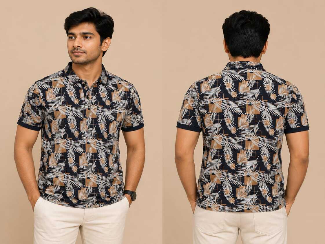VersaVara Men's Premium Tropical Leaf Print Polo T-Shirt | Soft Cotton Casual Wear