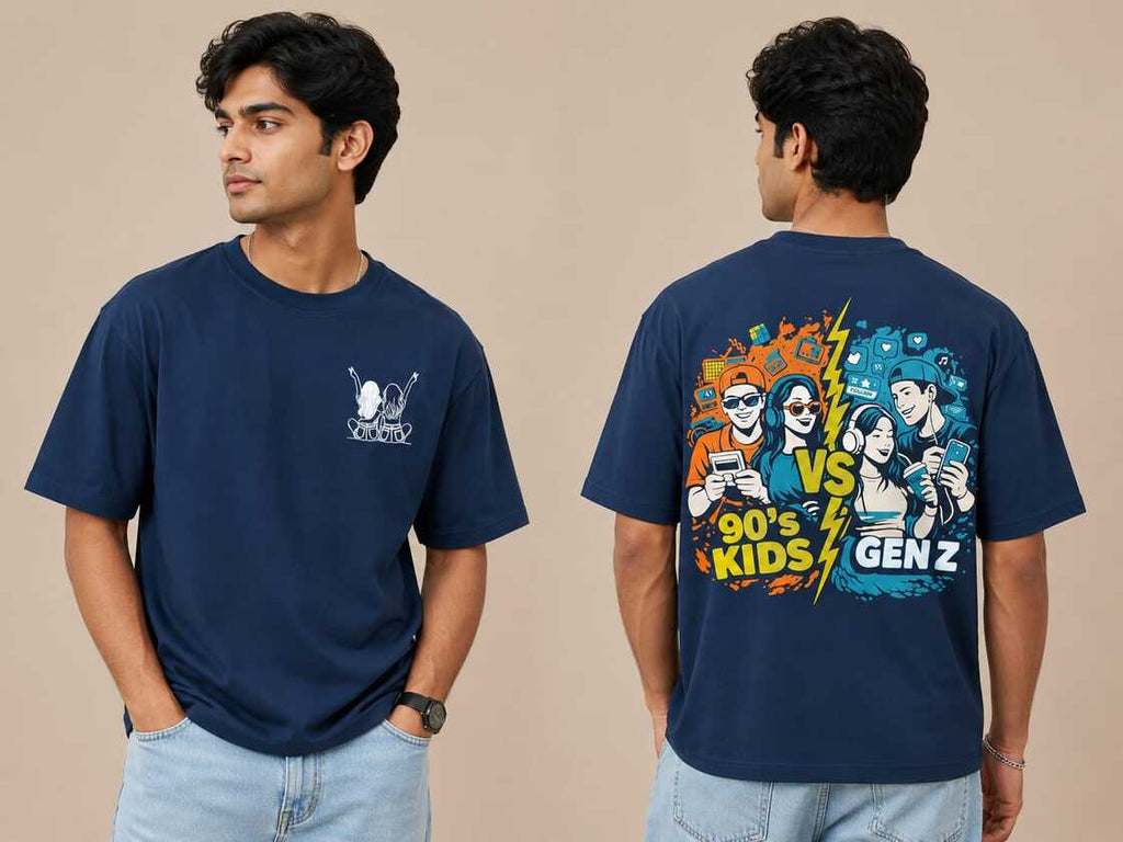 VersaVara Premium Oversized Graphic T-Shirt for Men | 240 GSM Heavyweight Cotton | Navy Blue