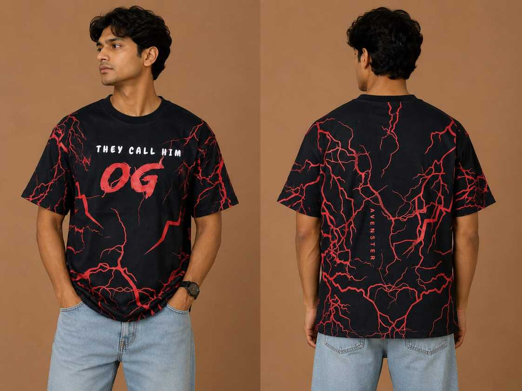 VersaVara OG Lightning Oversized Graphic T-Shirt for Men – Premium Cotton | Black