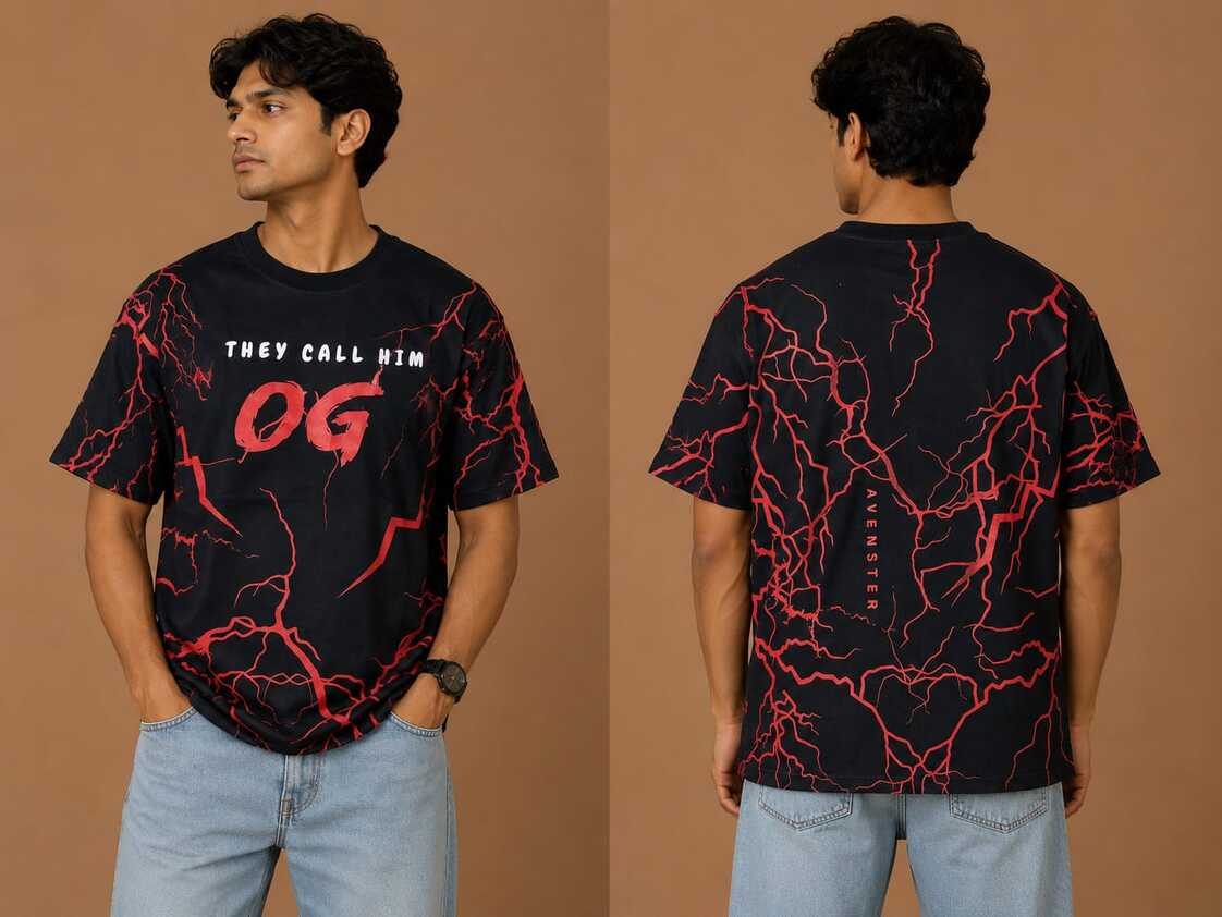VersaVara OG Lightning Oversized Graphic T-Shirt for Men – Premium Cotton | Black
