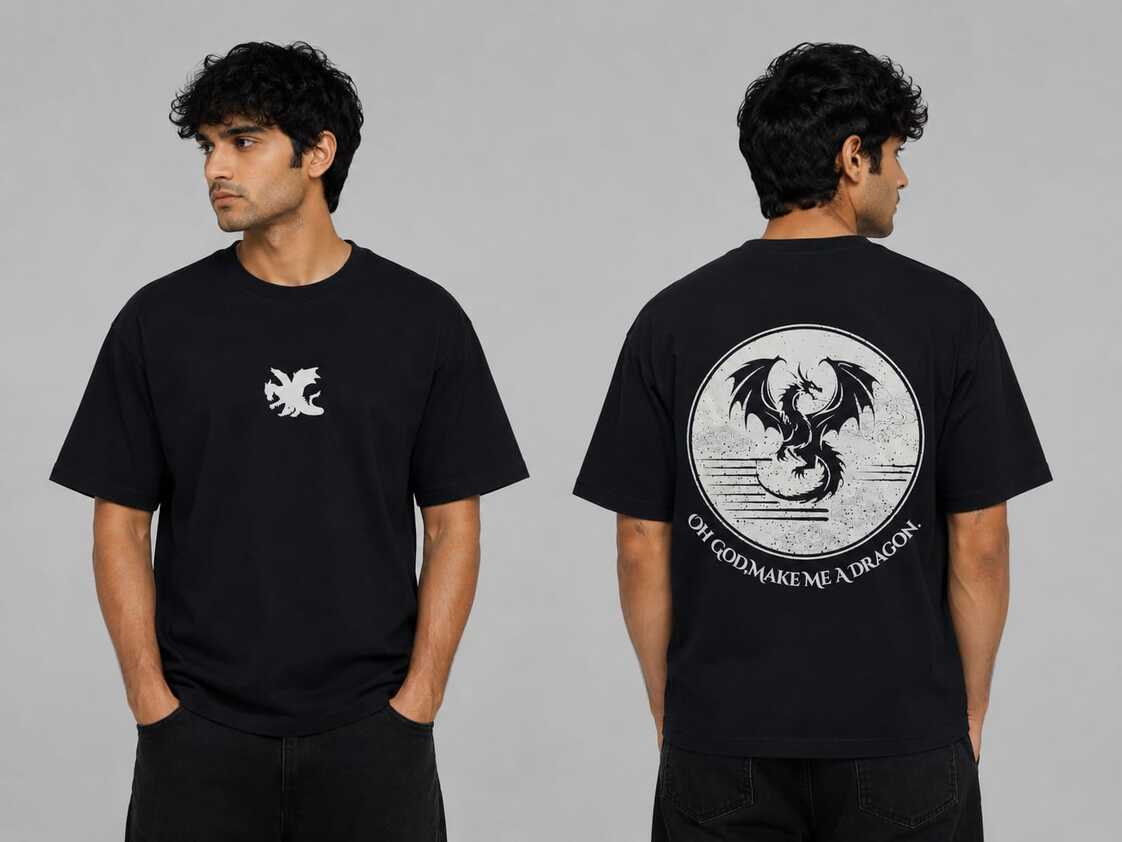 VersaVara Dragon Moon Oversized Graphic T-Shirt | 240 GSM Premium Cotton | Black