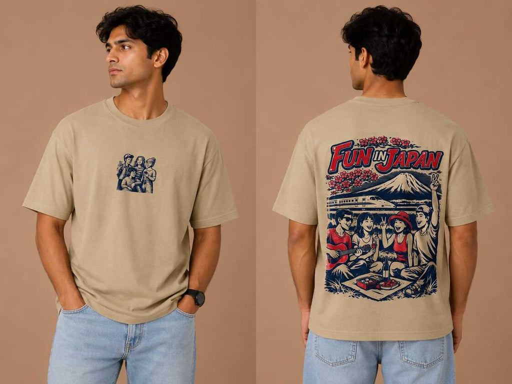 Fun in Japan Oversized Graphic T-Shirt for Men | 240 GSM Premium Cotton | Beige