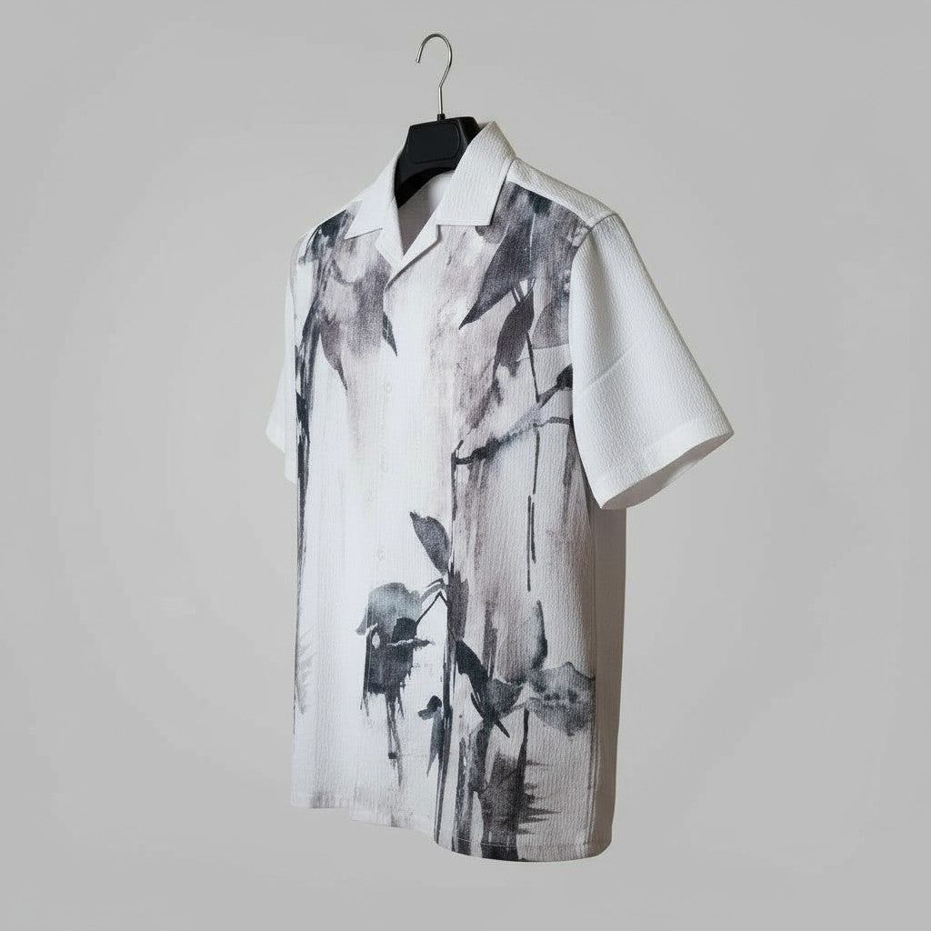 Oversized Popcorn Shirt – Dark Green Leaves Print | 100% Pure Cotton, Textured, Breathable Comfort