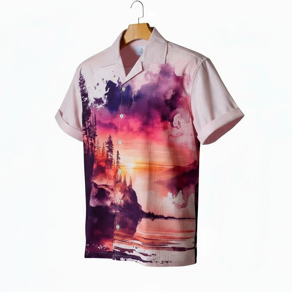 Oversized Popcorn Shirt – White Sunset Print | 100% Pure Cotton, Textured, Breathable Comfort