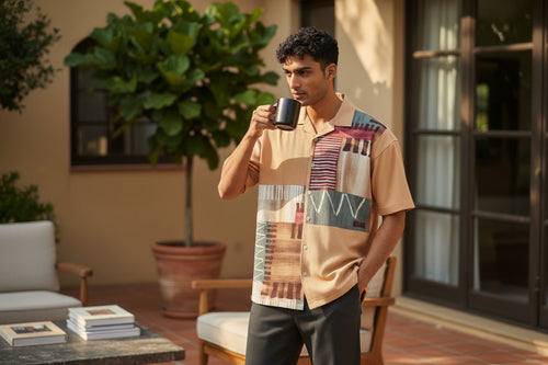 Oversized Popcorn Shirt – Orange Abstract Print | 100% Pure Cotton, Textured, Breathable Comfort