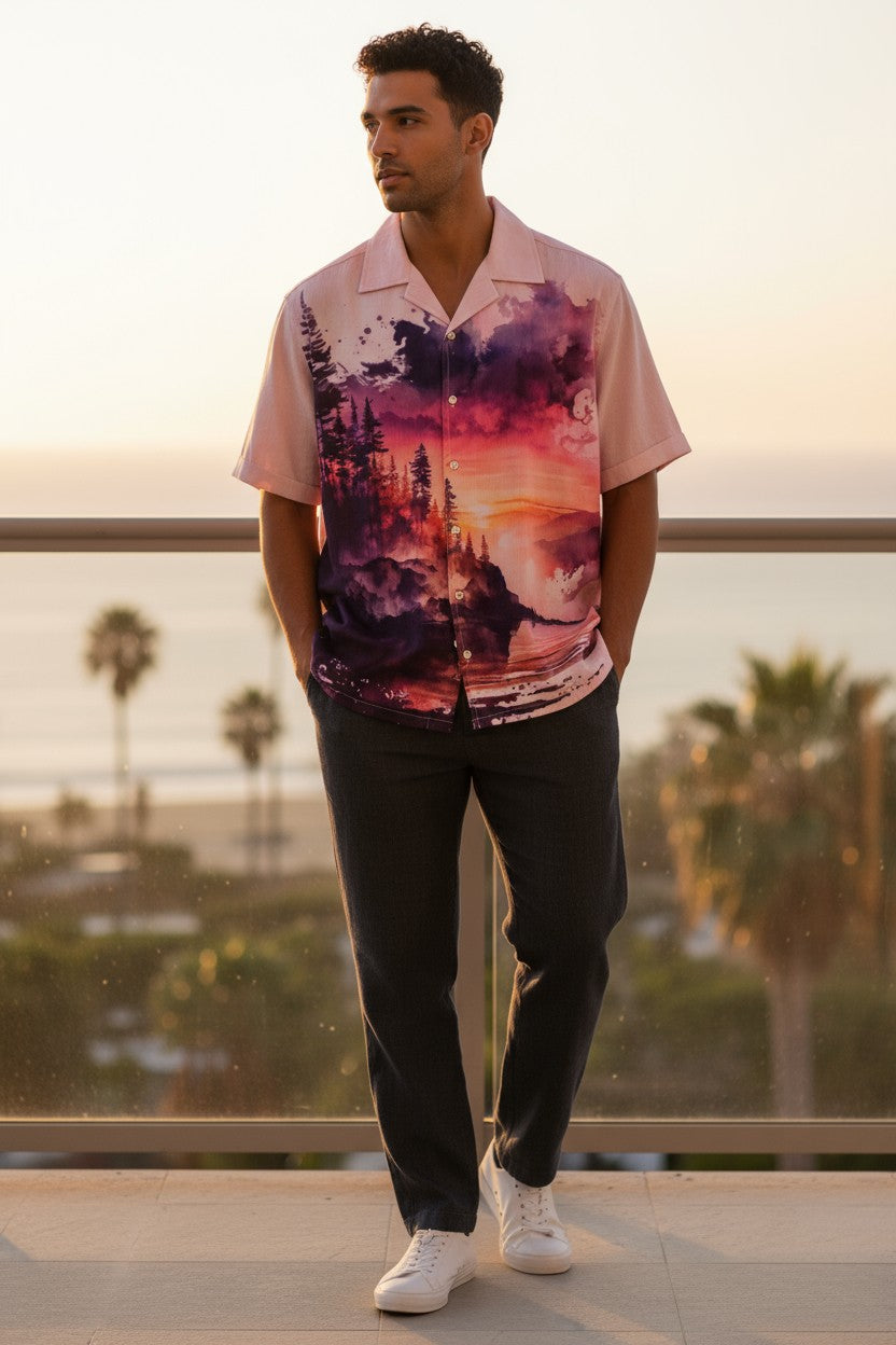 Oversized Popcorn Shirt – White Sunset Print | 100% Pure Cotton, Textured, Breathable Comfort